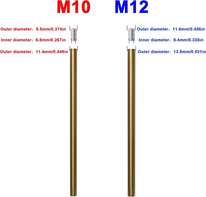 Haligate Brushed Brass M10 Threaded Extension Rod for Pendant Light, Island Lighting, Chandeliers,Lighting Fixture downrods & Stems,12 Inches 11.4mm OD (0.449″) x 300mm L (11.81″) - Image 3